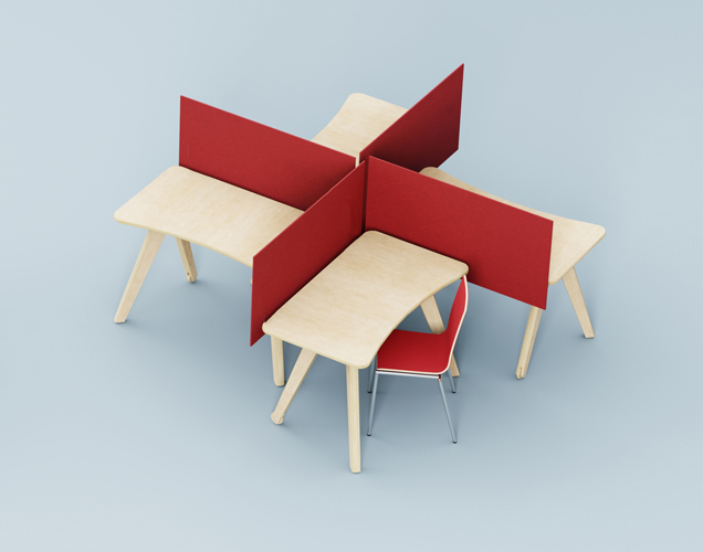 mobile wood library tables on wheels in pinwheel configuration
