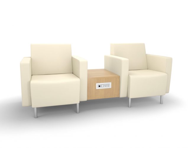 Durable Library Lounge chairs with powered occasional table