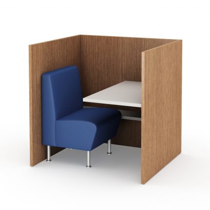 Nook single study carrel with brown privacy panels and blue seat with power access