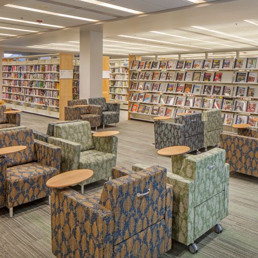 Library installation, Carlsbad City, lounge chairs with tablet tables connected