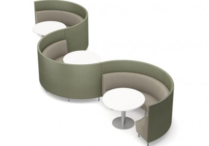 Curve banquette booth seating on metal legs in serpentine layout with tables