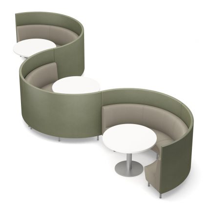 Curve banquette booth seating on metal legs in serpentine layout with tables