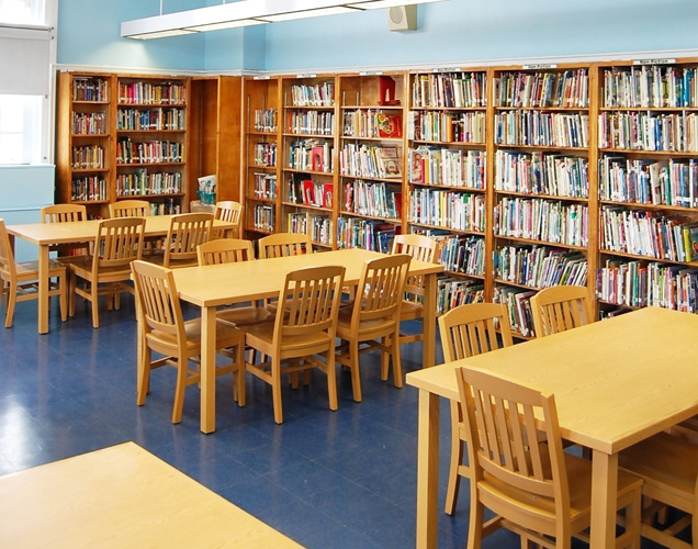 Durable furniture for school library, tables and chairs