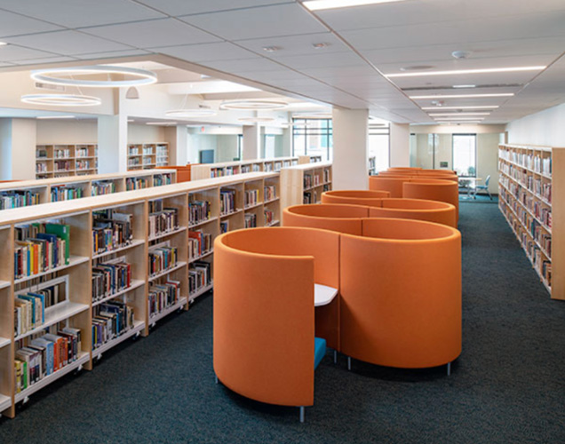 curved serpentine design, study carrels in library, acoustic privacy