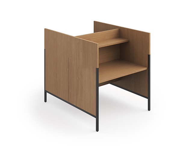 Agati's Roland Double Study Carrel in a dark finish with black legs allows for two people to work undisturbed on one piece of furniture.
