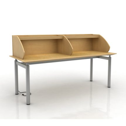 Table carrel with side divider, shelf and metal base