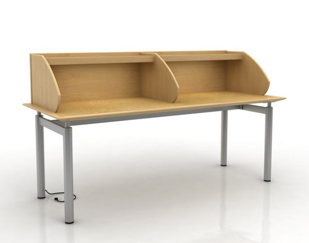 Table carrel with side divider, shelf and metal base