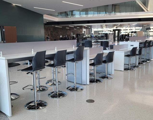 airport charging table with frosted center divider