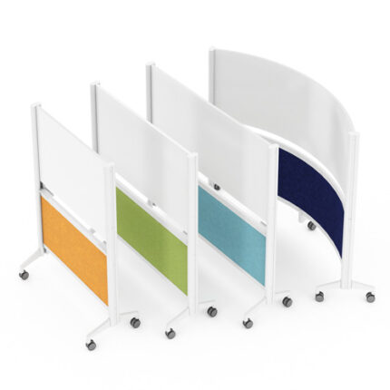 Mobile whiteboard partitions in different sizes, colors and curved options.