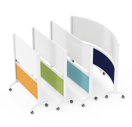 Mobile whiteboard partitions in different sizes, colors and curved options.