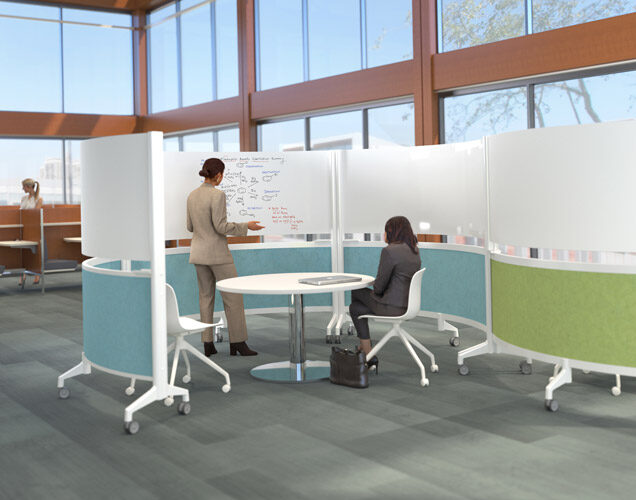 Mobile whiteboard partitions on wheels