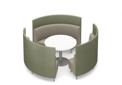 Circular booth banquette seating with privacy panels and tables