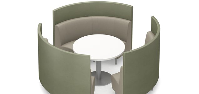 Circular booth banquette seating with privacy panels and tables