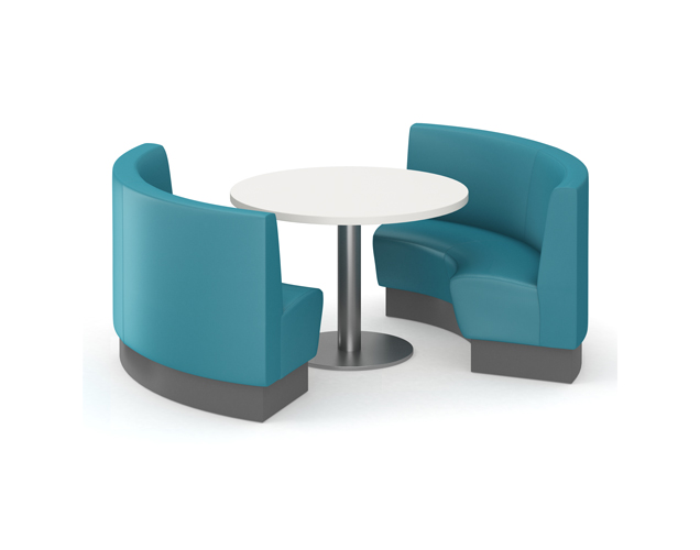 Plinth base curved banquette seating, round table