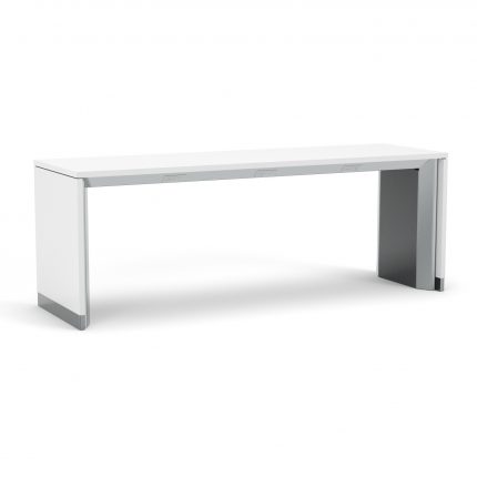 Powebar charging tables with solid surface work surface and panels and stainless steel kickplate