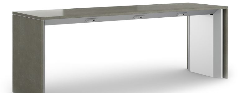 charging table with grey plastic laminate work surface and panels