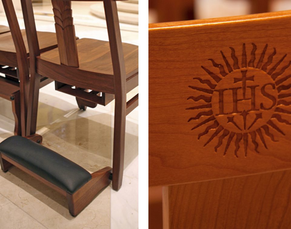 Wooden church chairs with kneelers and engraving
