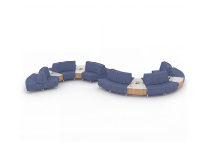 Curved airport lounge seating with side tables.