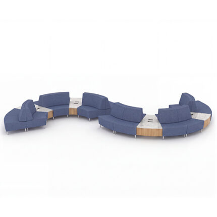 Curved airport lounge seating with side tables.