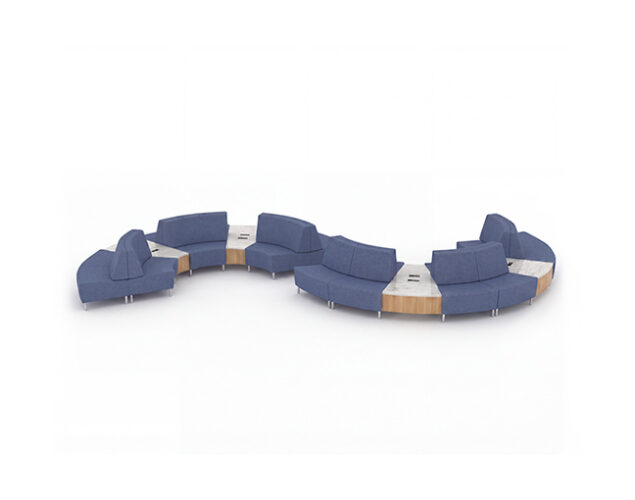 Curved airport lounge seating with side tables.