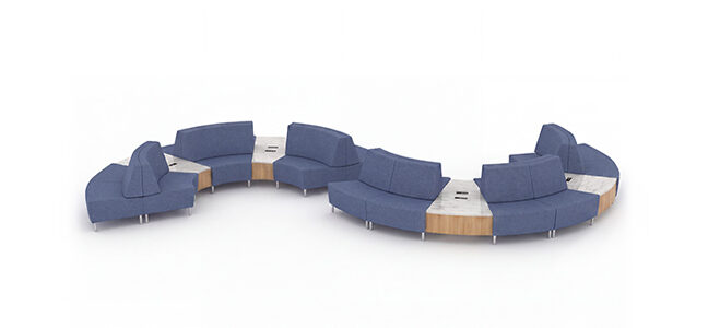 Curved airport lounge seating with side tables.