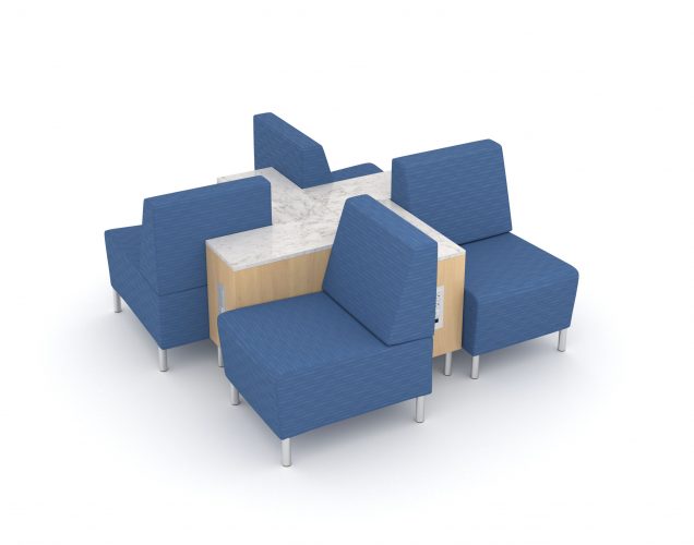 airport hold room modular lounge chairs with integrated tables, granite tops and access to power