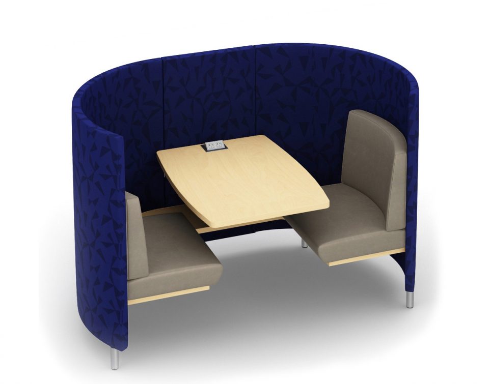 curved tutoring carrel for two users with integrated seat, table and power