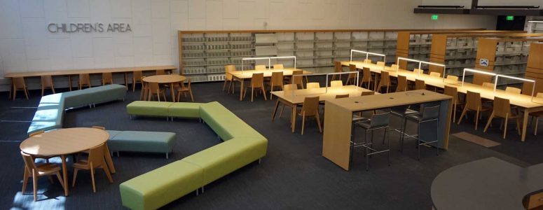 Children's library furniture with wood library tables, wood library chairs and upholstered benches