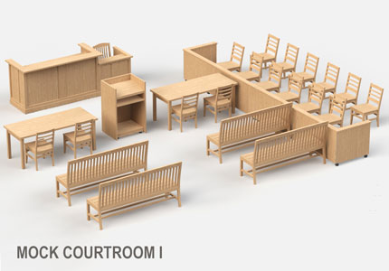 mock courtroom layout with traditional wood benches, tables, witness stand, judges bench and podium