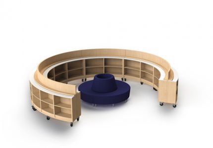 Custom bookshelf solution on casters for transforming library spaces