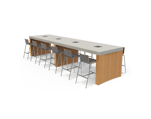 custom high table with panel leg, thick solid surface top and integrated power