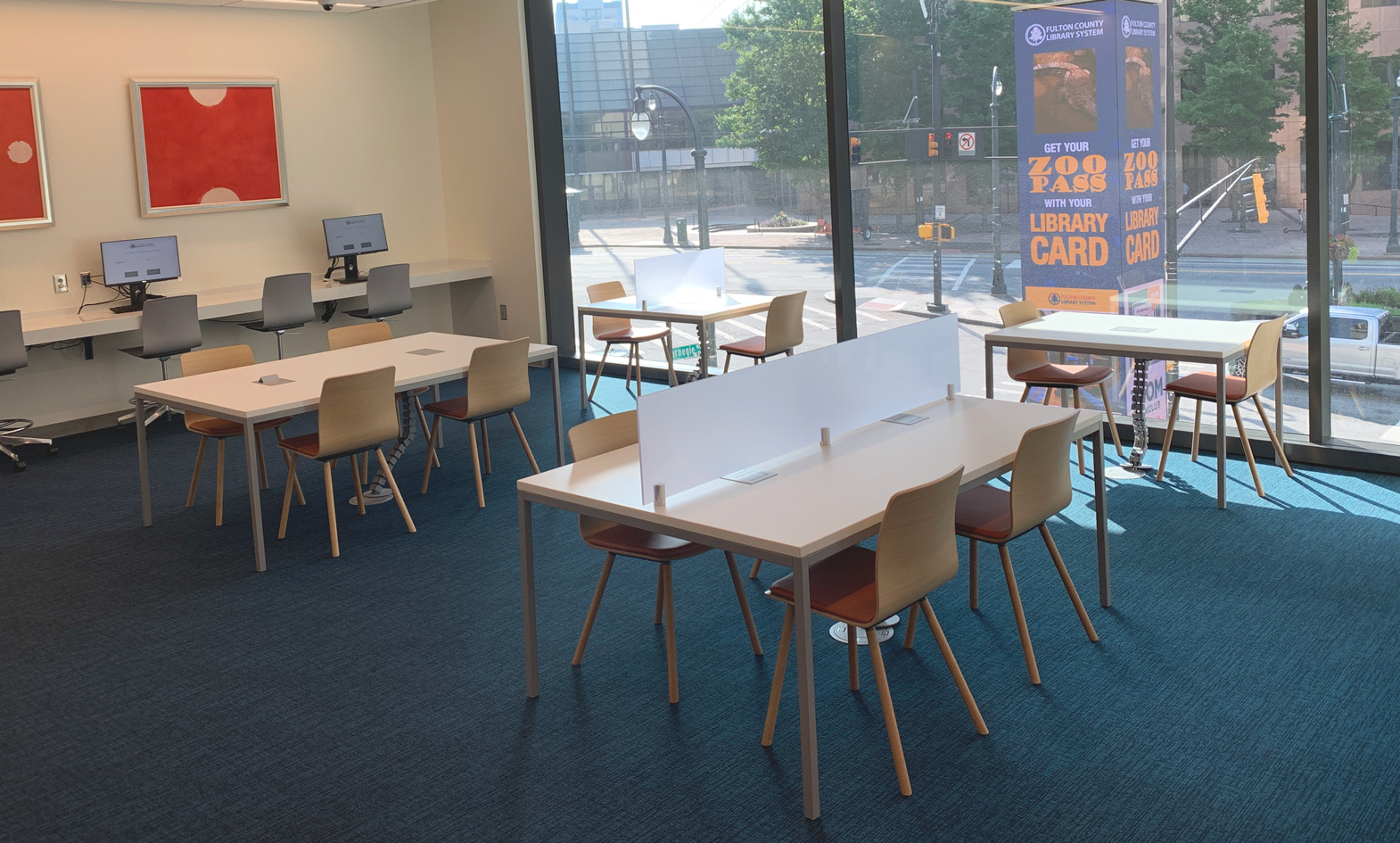contemporary library tables with integrated light and power access