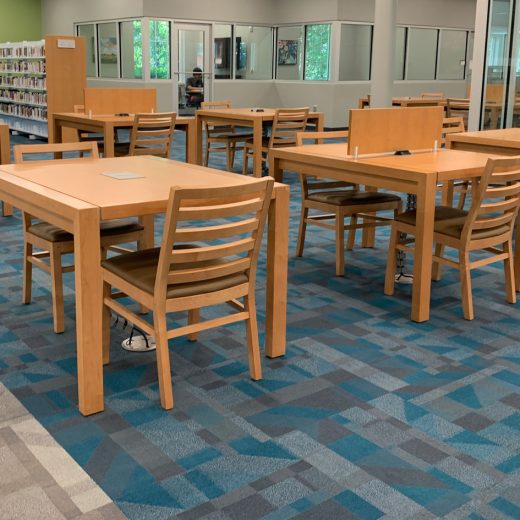 Modern wood library tables with wood privacy panel and integrated power