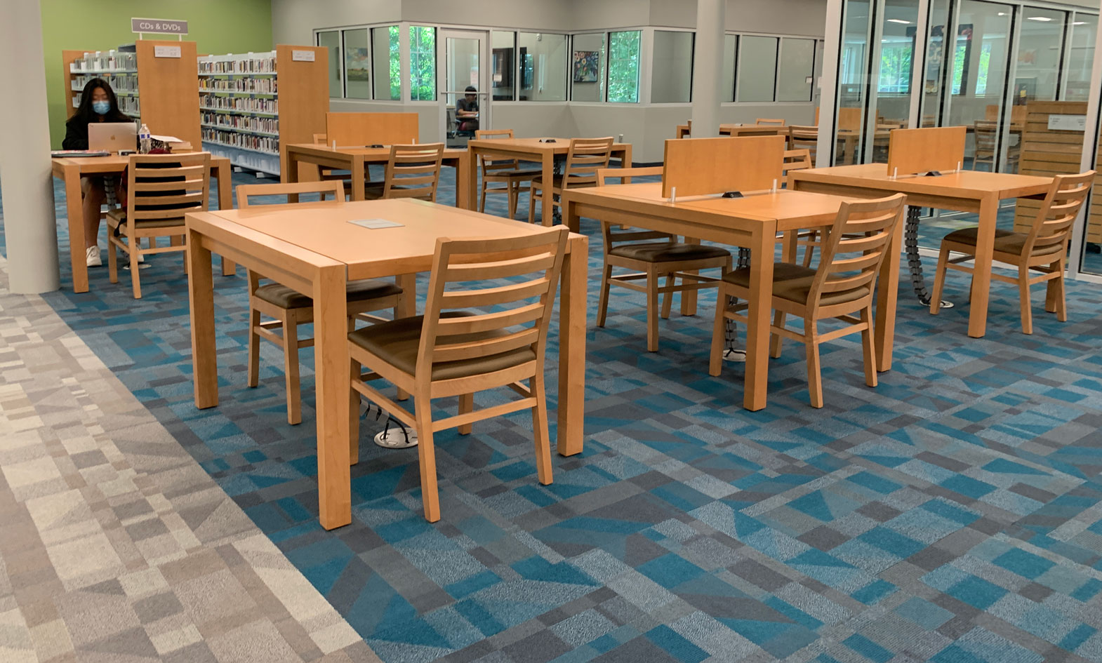 Modern wood library tables with wood privacy panel and integrated power