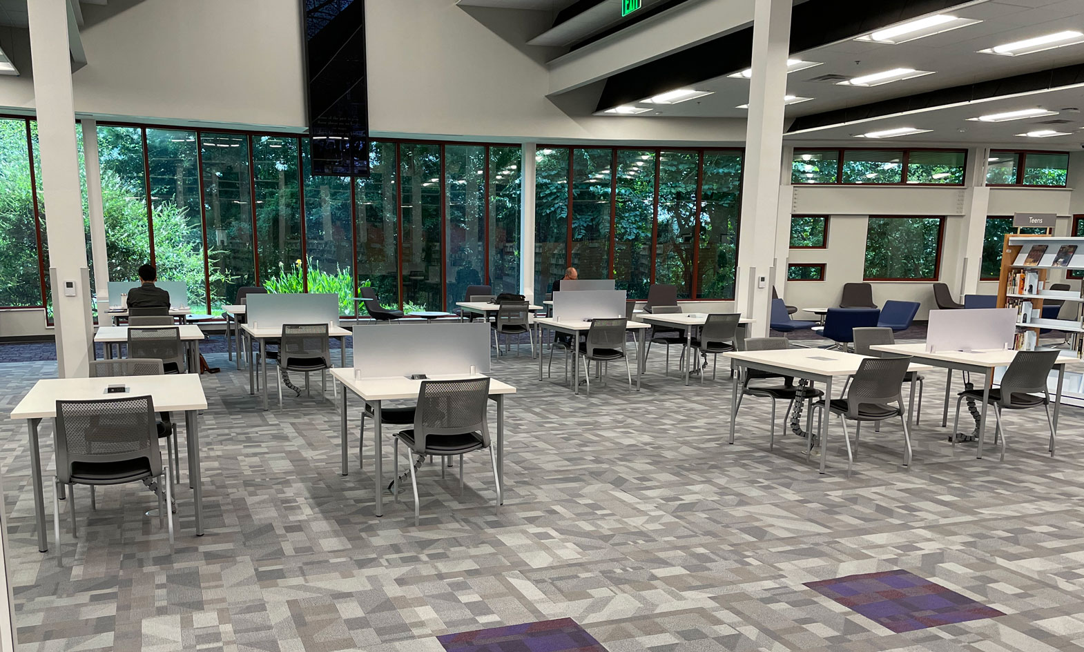 Modern library tables with frosted dividers and surface mount power