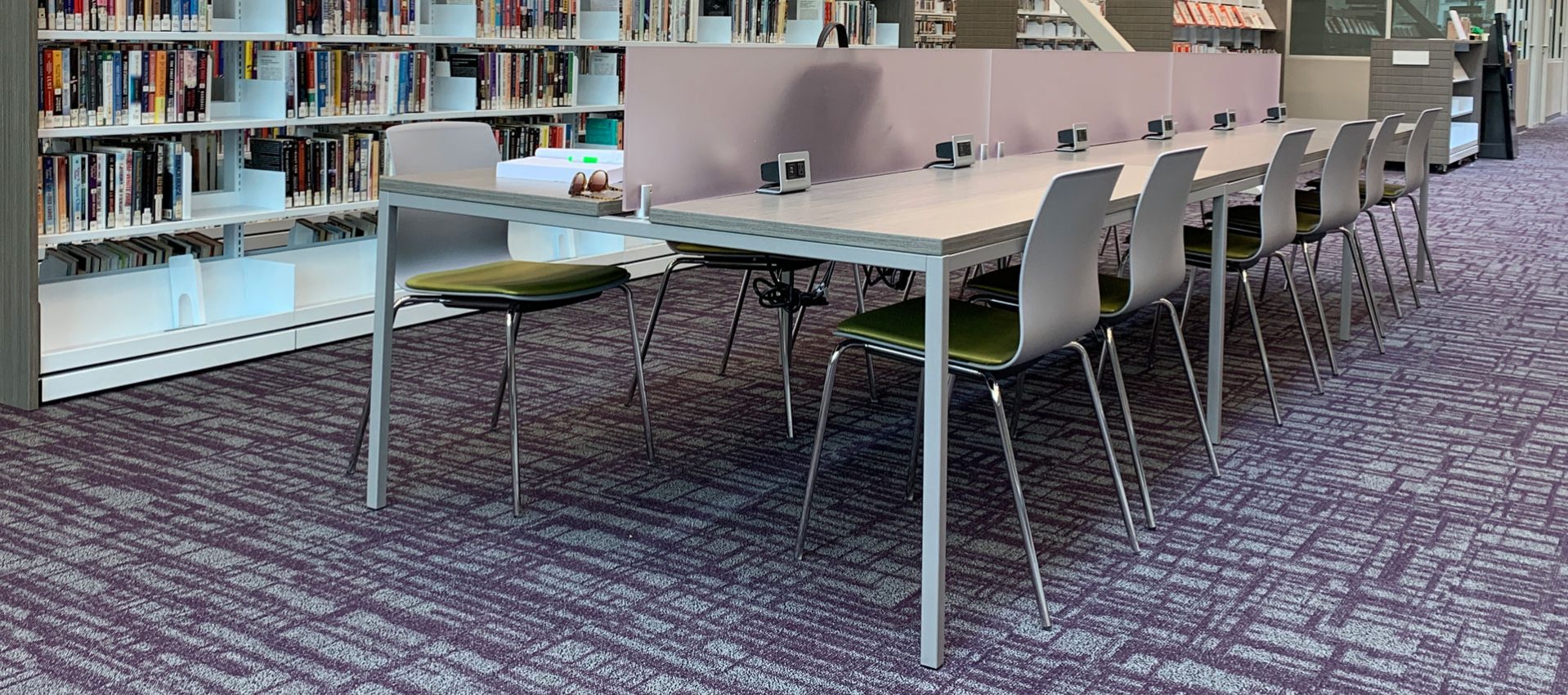 modern library table with power and frosted divider panel