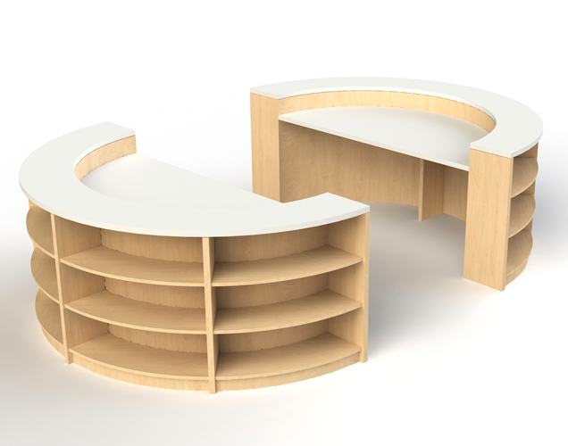 Custom library shelving with display for books and table