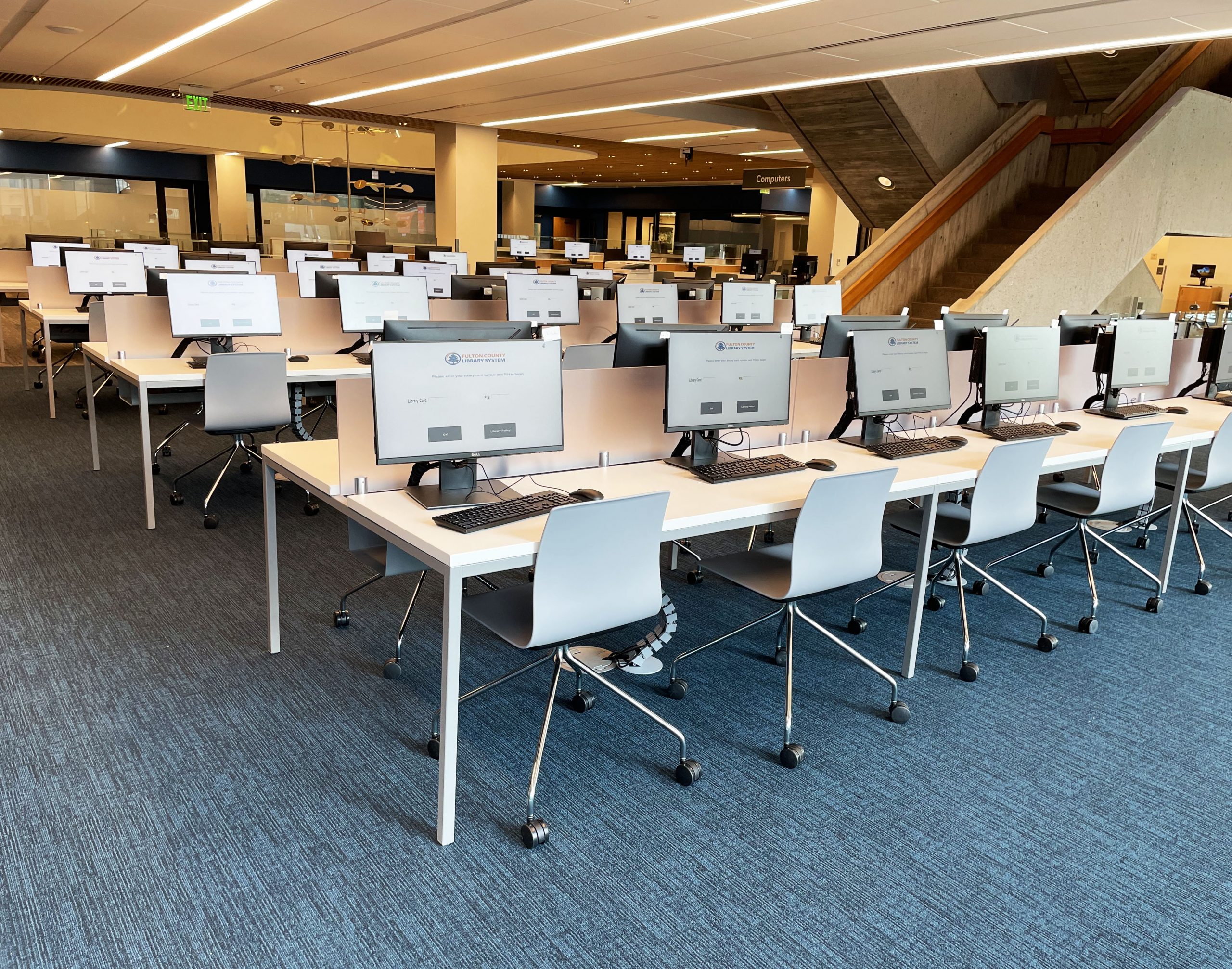 Large library computer tables with frosted center dividers