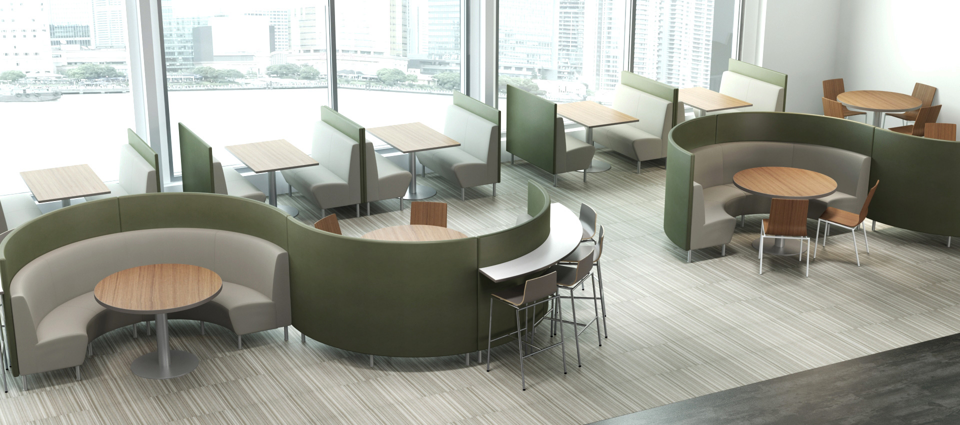 Curved banquette seating with wood privacy panels in serpentine design shown in casino