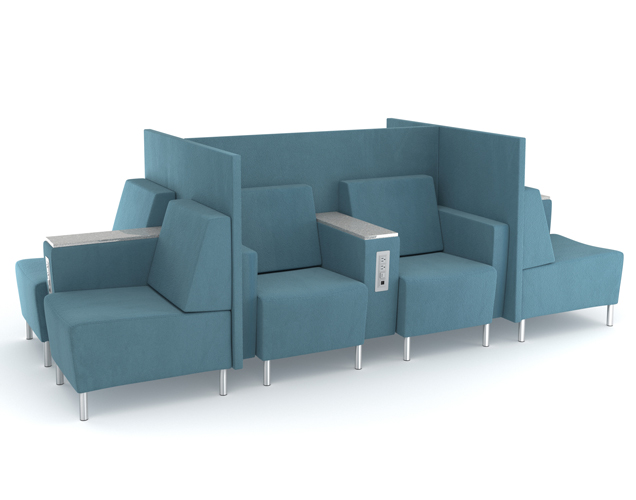 Airport club lounge seating design with privacy panels, power and seating for 12