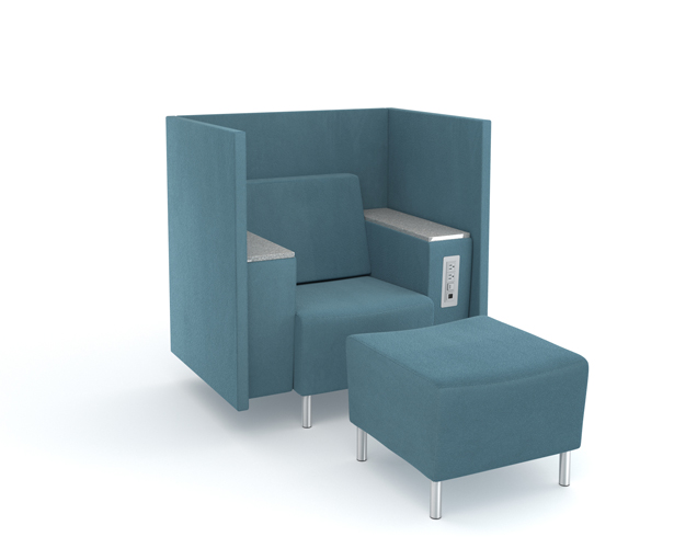 Airport club lounge chair with power, granite arm caps and privacy panels