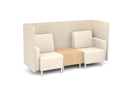 Modular lounge seating with privacy panels and integrated tables for libraries