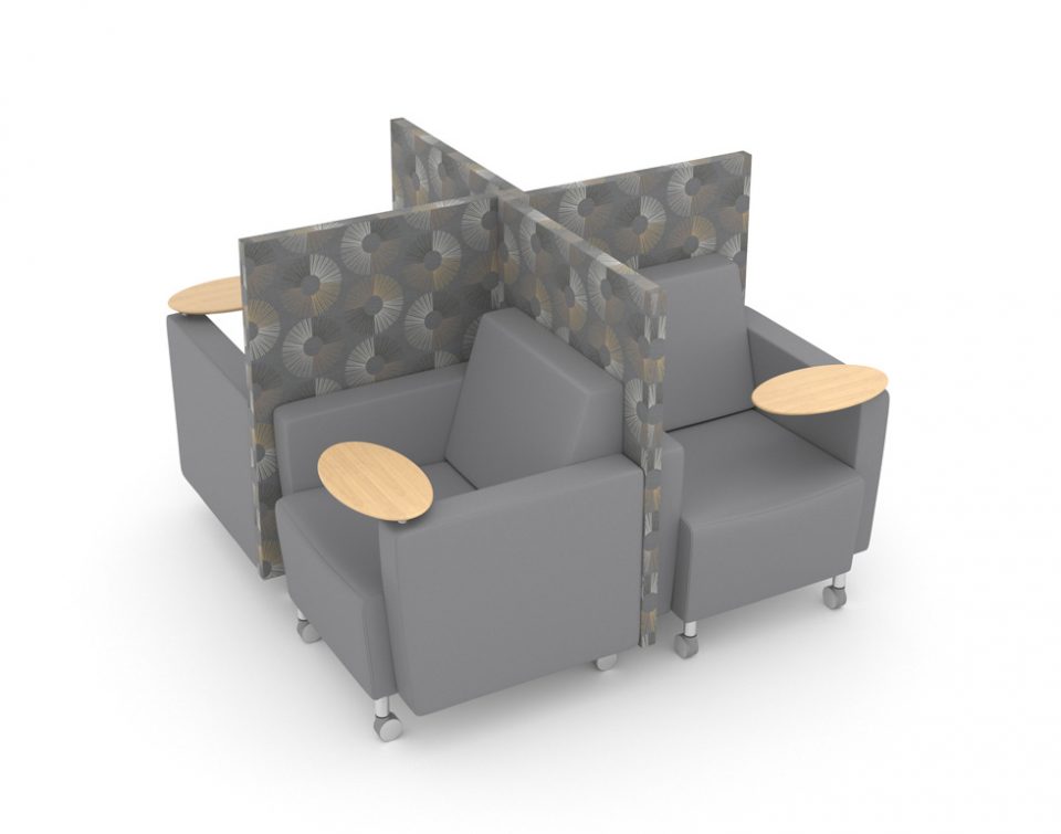 Pinwheel lounge chair configuration with privacy panel and tablet arm for libraries