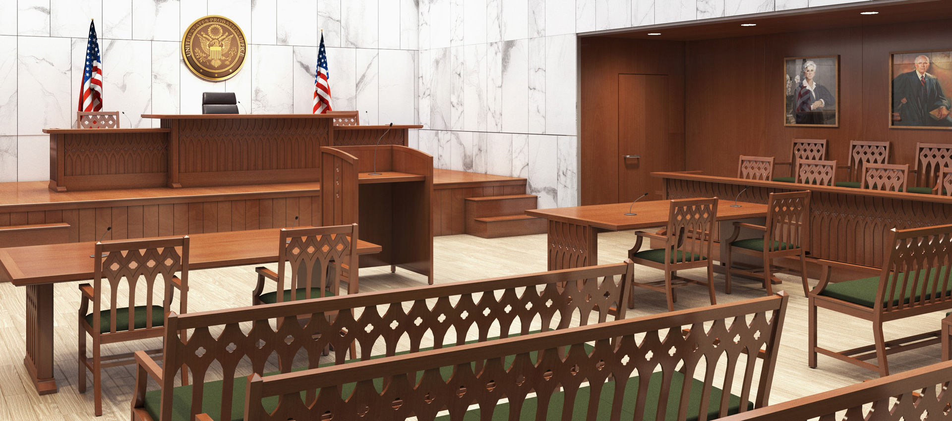 Wood courtroom furniture in gothic style