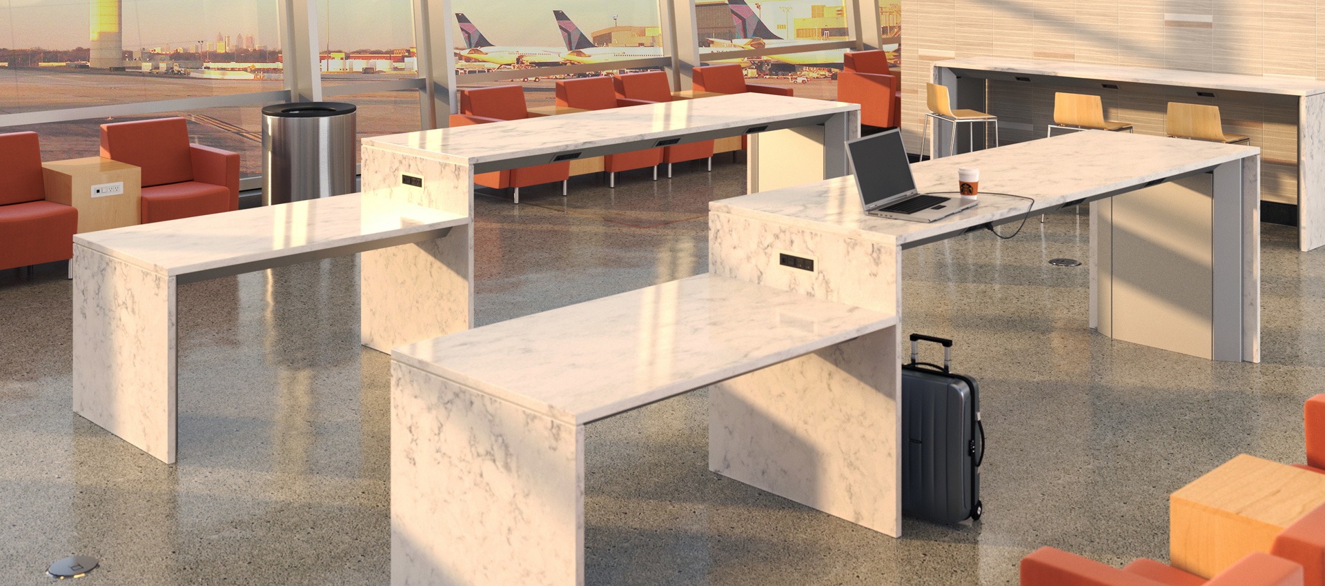 powerbar charging tables with white marble, ADA access and lounge seating in airport