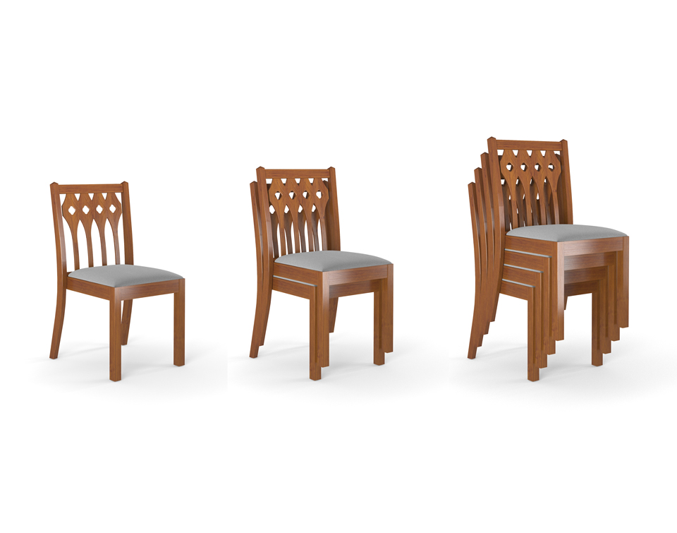 Wood stacking chairs with gothic style detailing