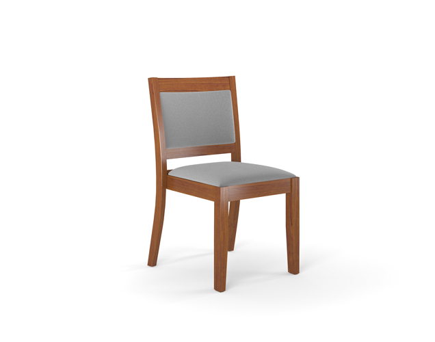 Wood stacking chair with grey cushion and backrest