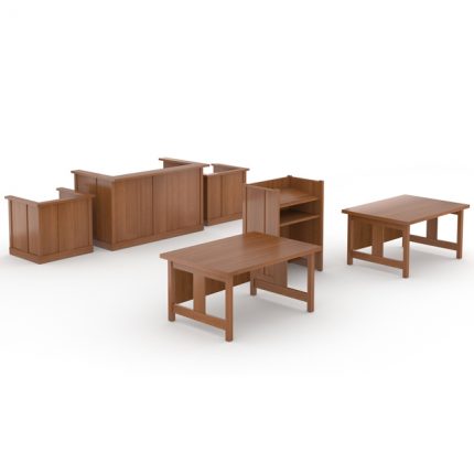 transitional style Courtroom furniture with counsel tables, witness stand, judges bench and lectern