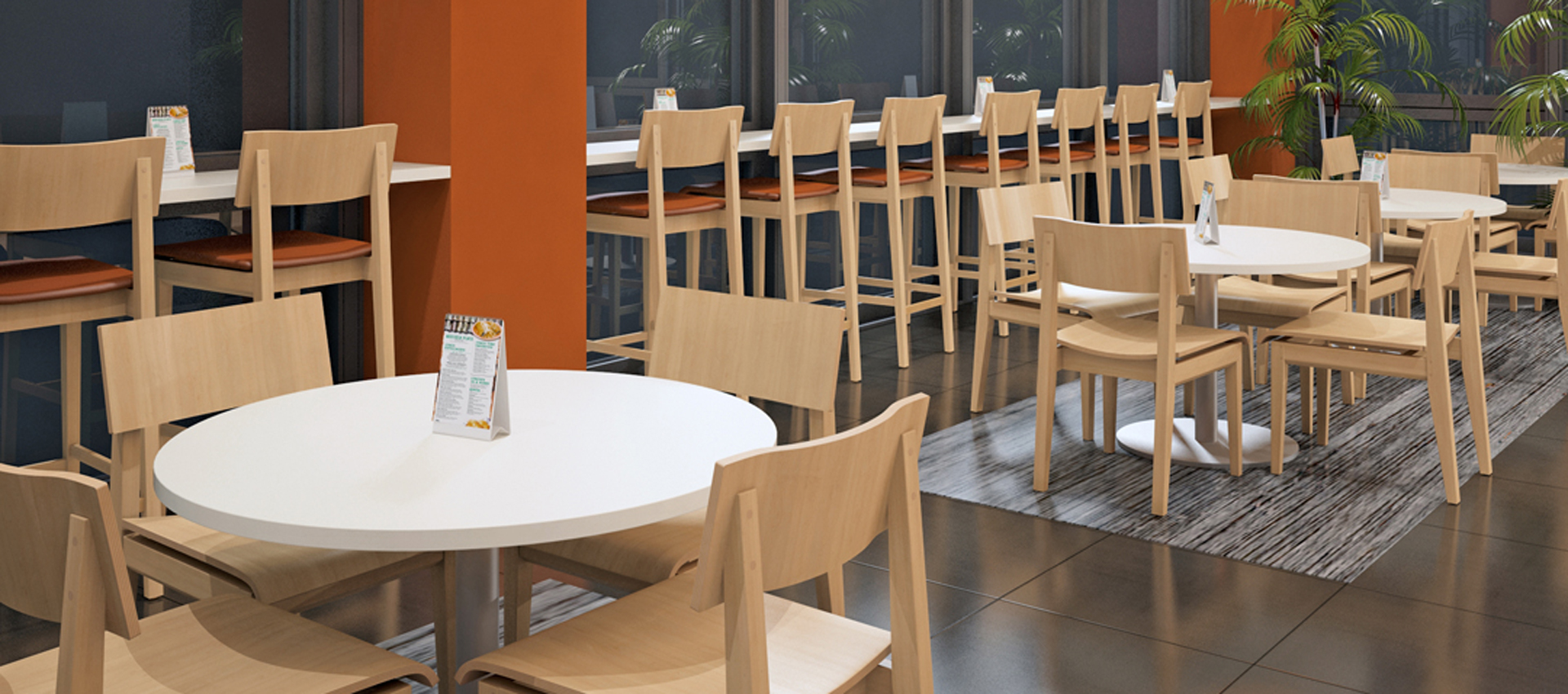 Wood chairs, stools and cafe tables