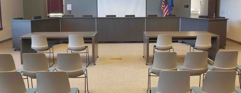 Courtroom Dais Custom Desk for Municipal Courthouse with attorney's tables on casters